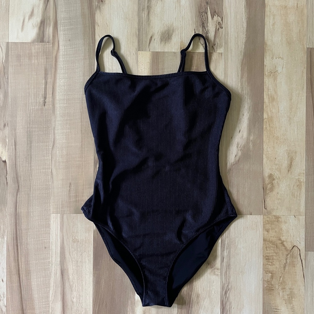 Aerie One Piece Swimsuit Women's Medium Black Ribbed Scoop Back Square Neck Swim